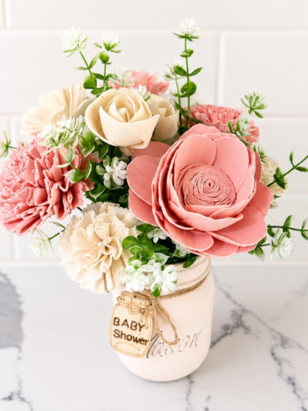 Pink Sola Wood Floral Arrangement in Mason Jar Baby Shower Nursery Decor Gift